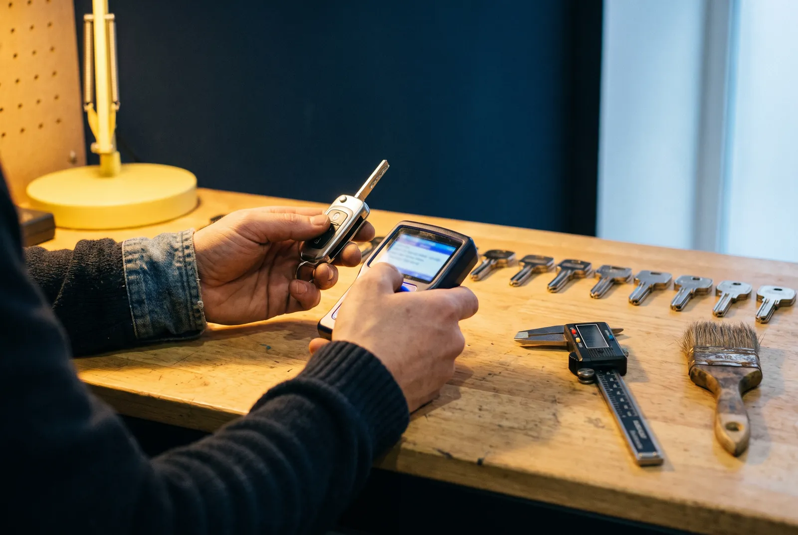 A locksmith's hands at the bench checking an aftermarket flip key against a key programmer