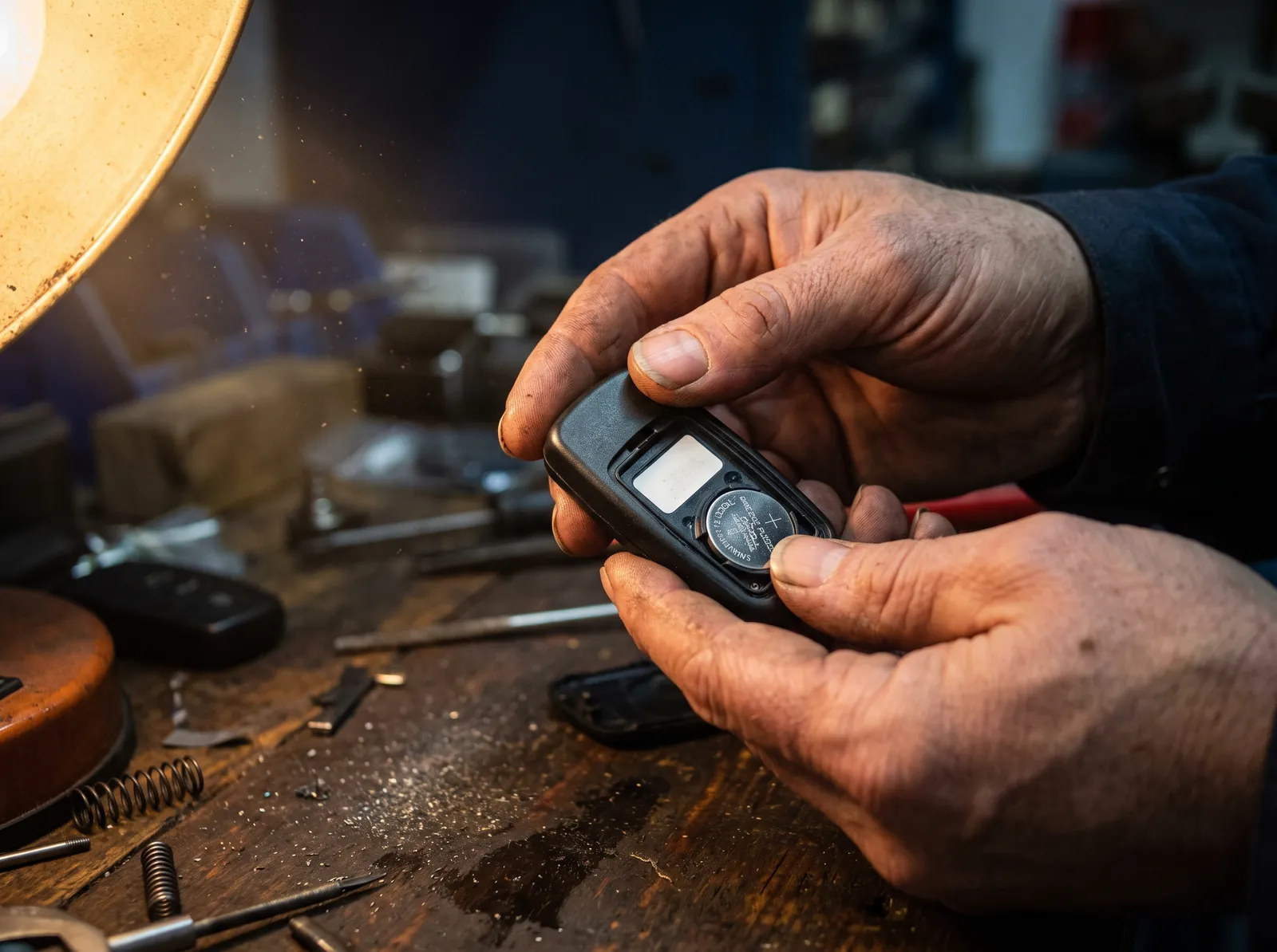Locksmith holding an opened key fob with the back cover off, showing the coin cell battery and the label where the FCC ID is printed
