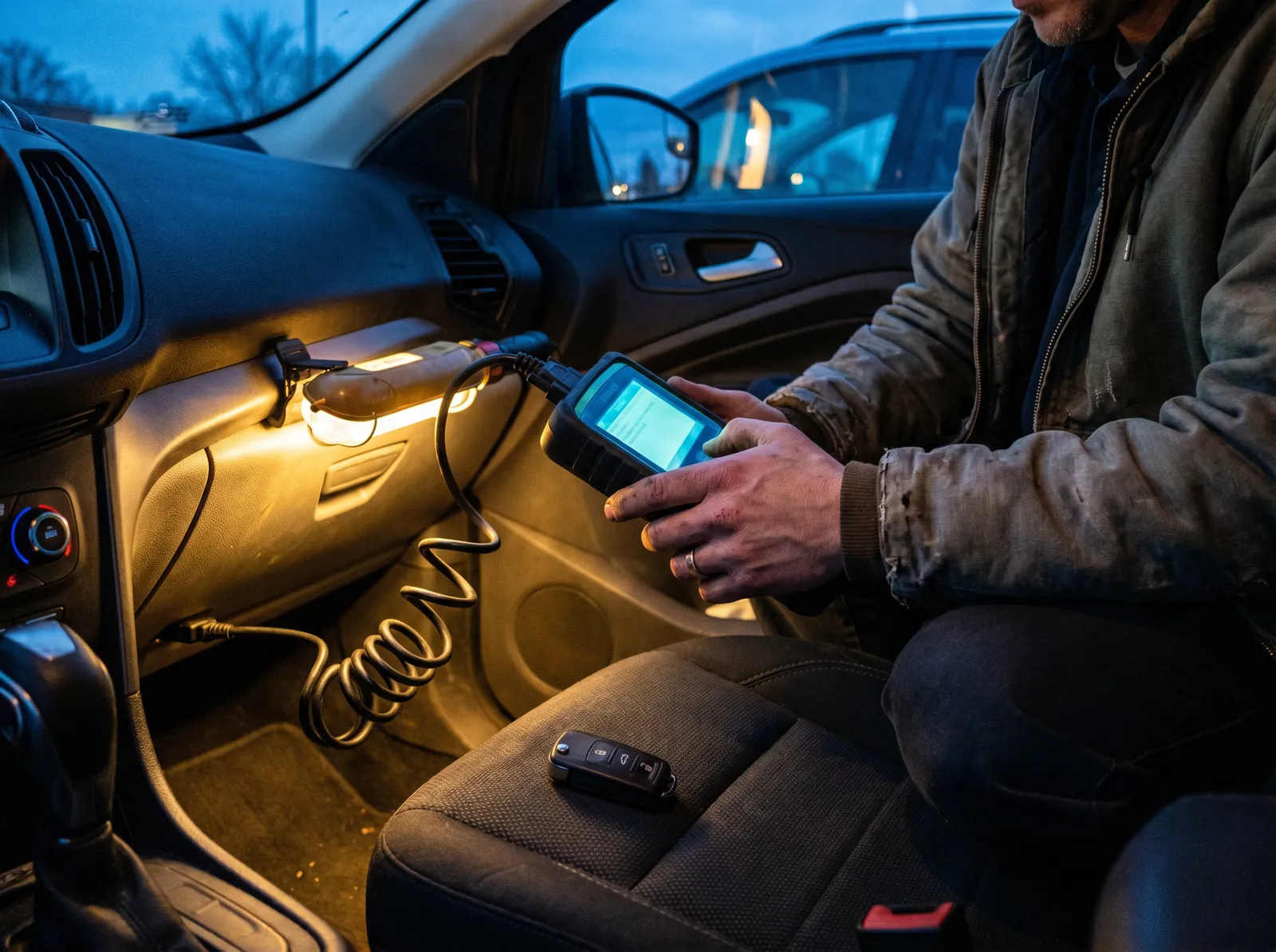 Mobile locksmith programming a key through the OBD port at the vehicle, new fob on the seat