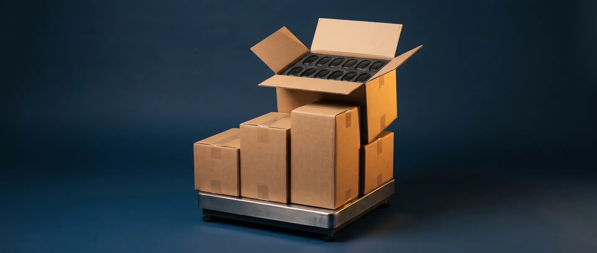 Sealed wholesale cartons stacked on a dispatch scale, the top carton open showing rows of key fobs packed in foam