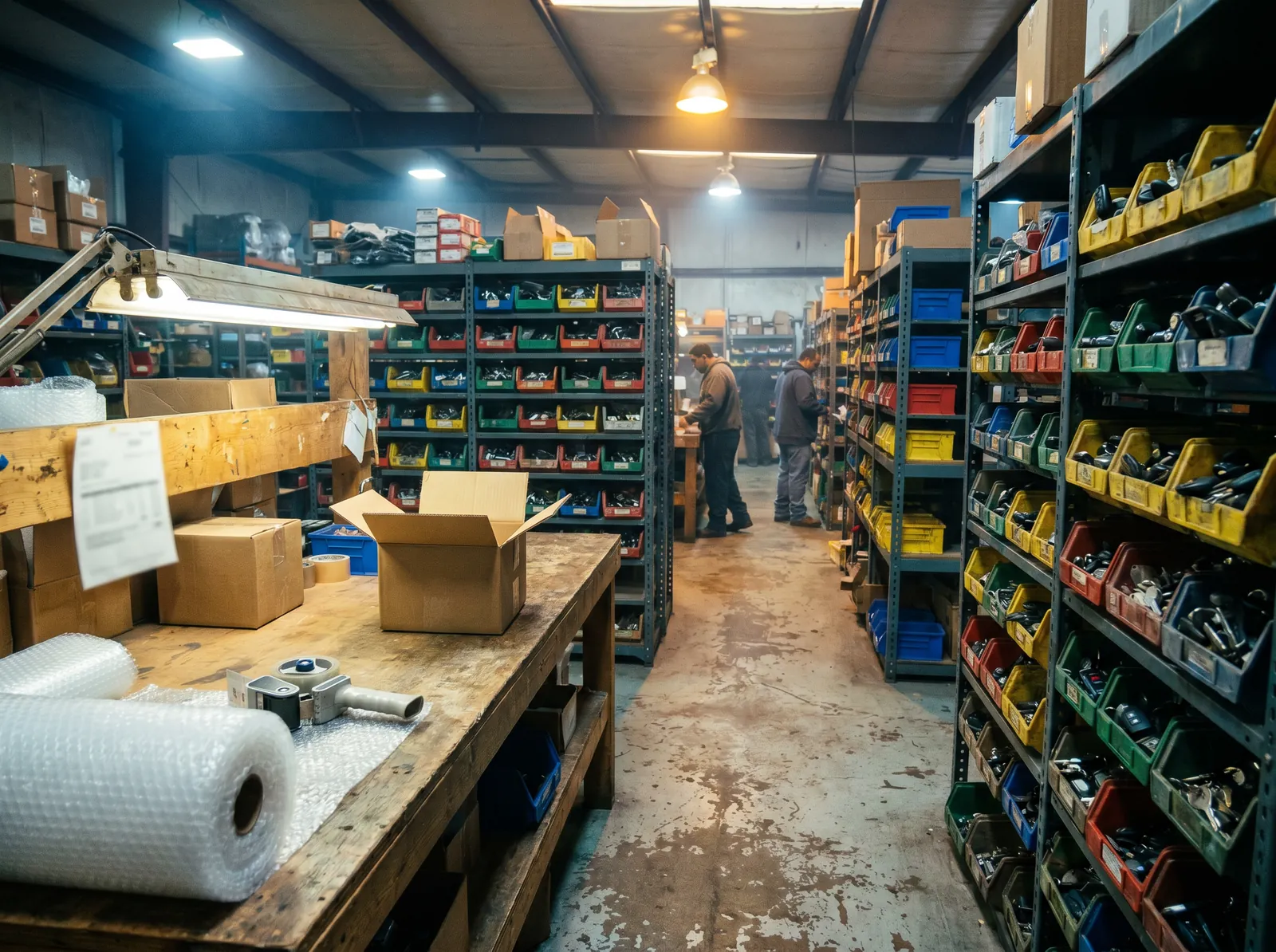 Car Key Source dispatch bench — parts bins of fobs and blanks, an order being packed