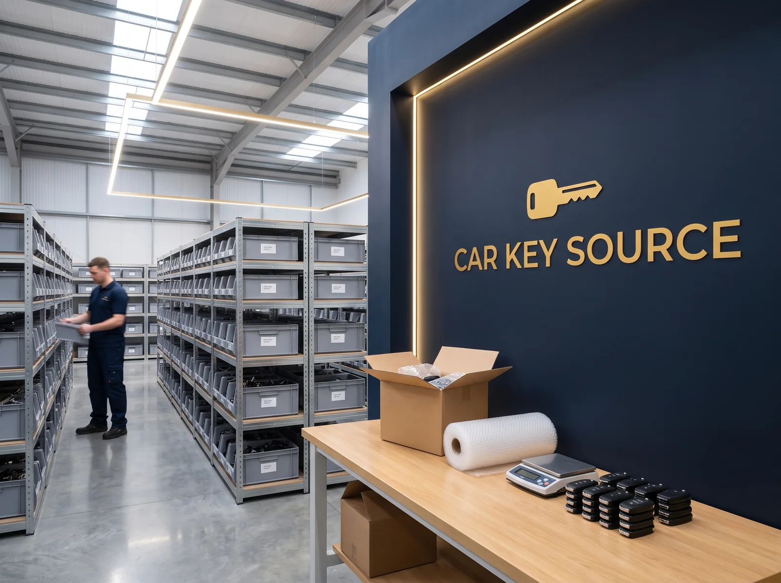 Car Key Source dispatch bench — parts bins of fobs and blanks, an order being packed