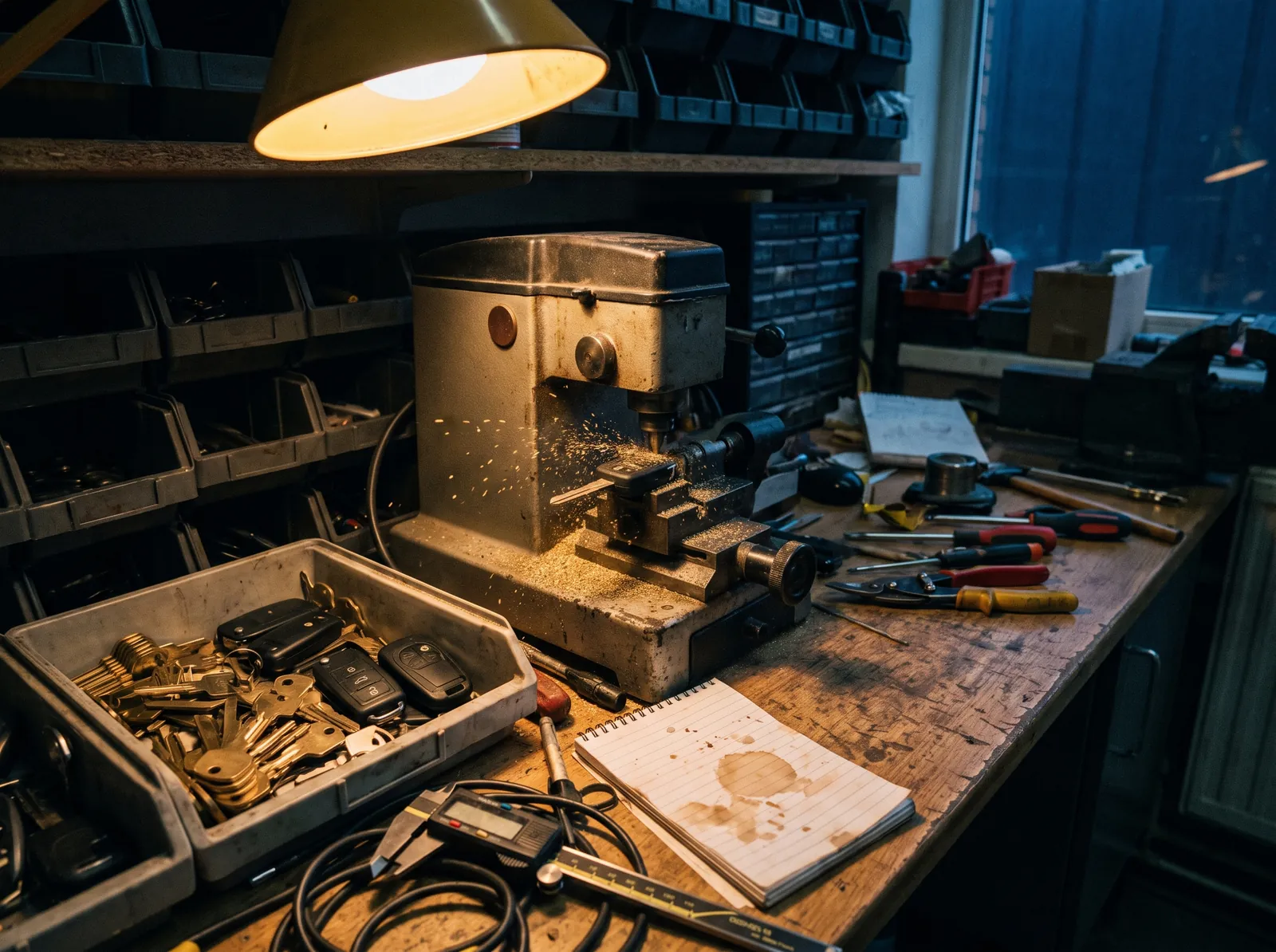Key cutting machine mid-cut on a working locksmith bench, key blanks and remotes in the tray