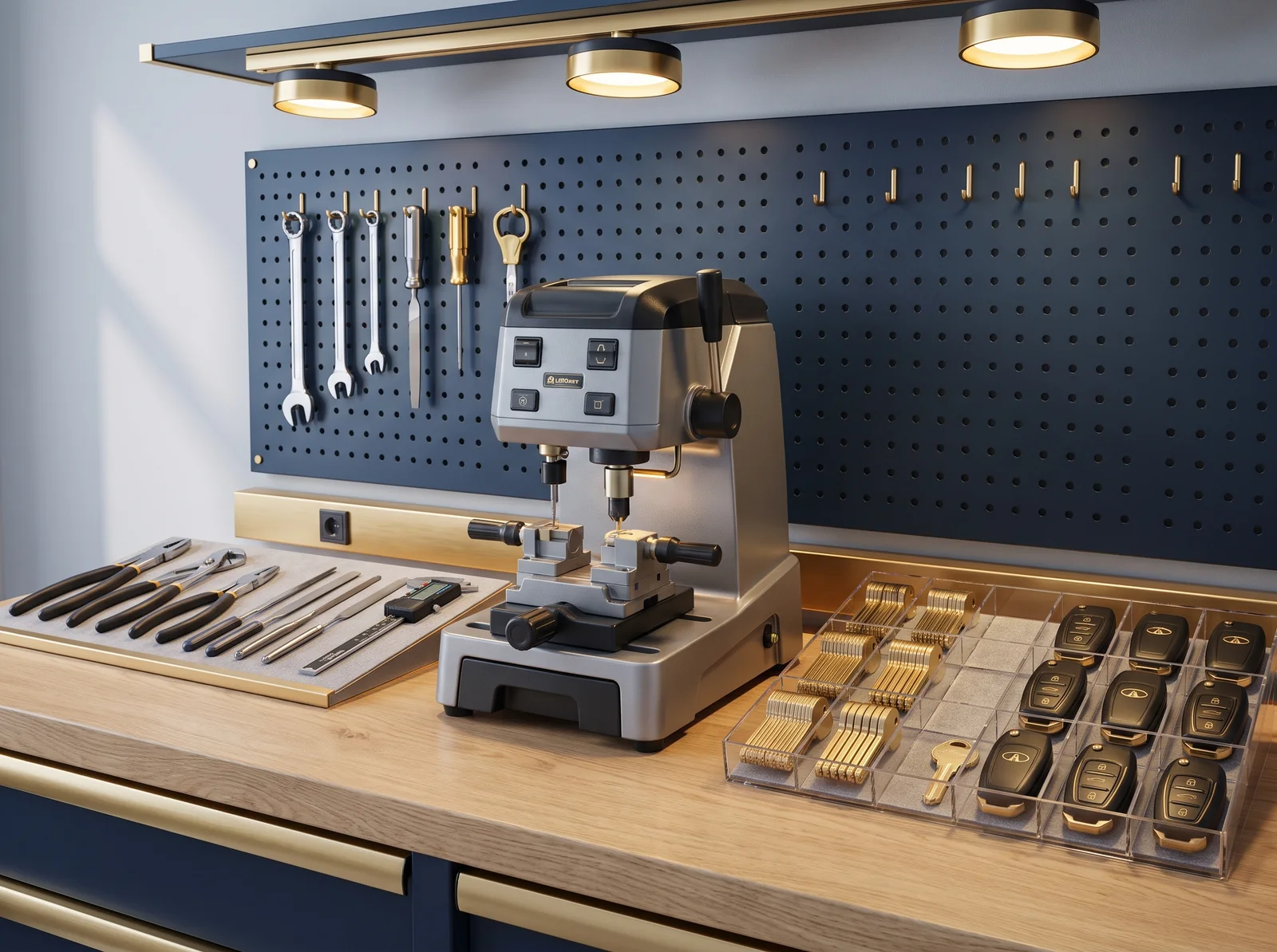 Key cutting machine mid-cut on a working locksmith bench, key blanks and remotes in the tray