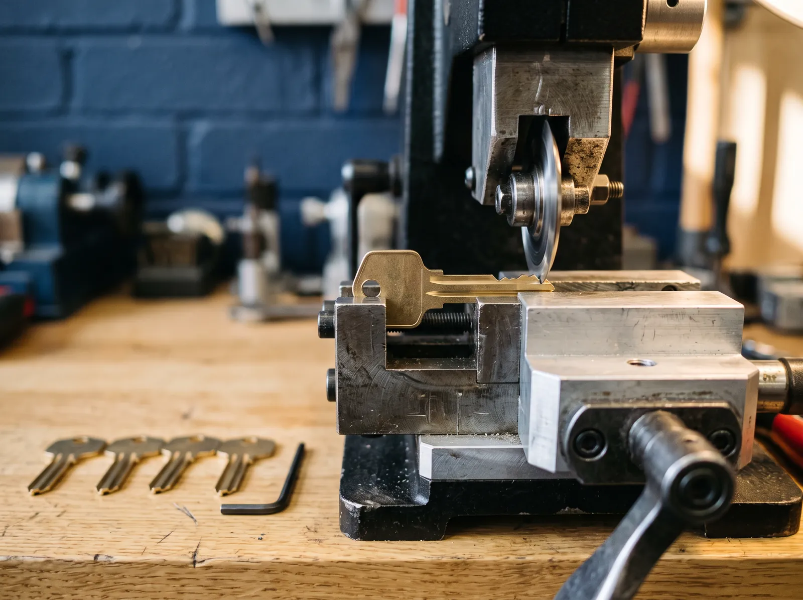 Key cutting machine mid-cut on a working locksmith bench, key blanks and remotes in the tray