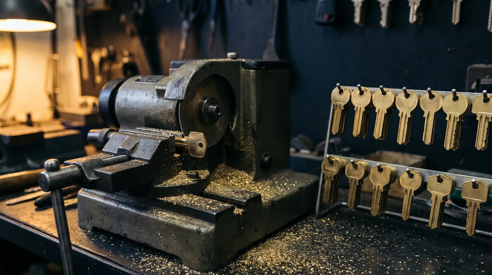 Uncut key blanks and a key-duplicating machine mid-cut