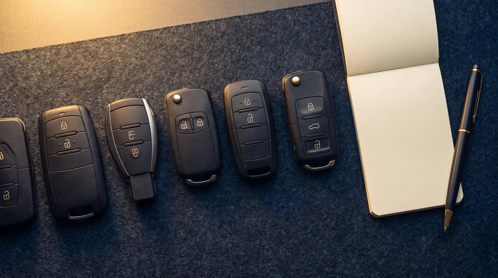Several key fob types arranged in a row beside a notepad