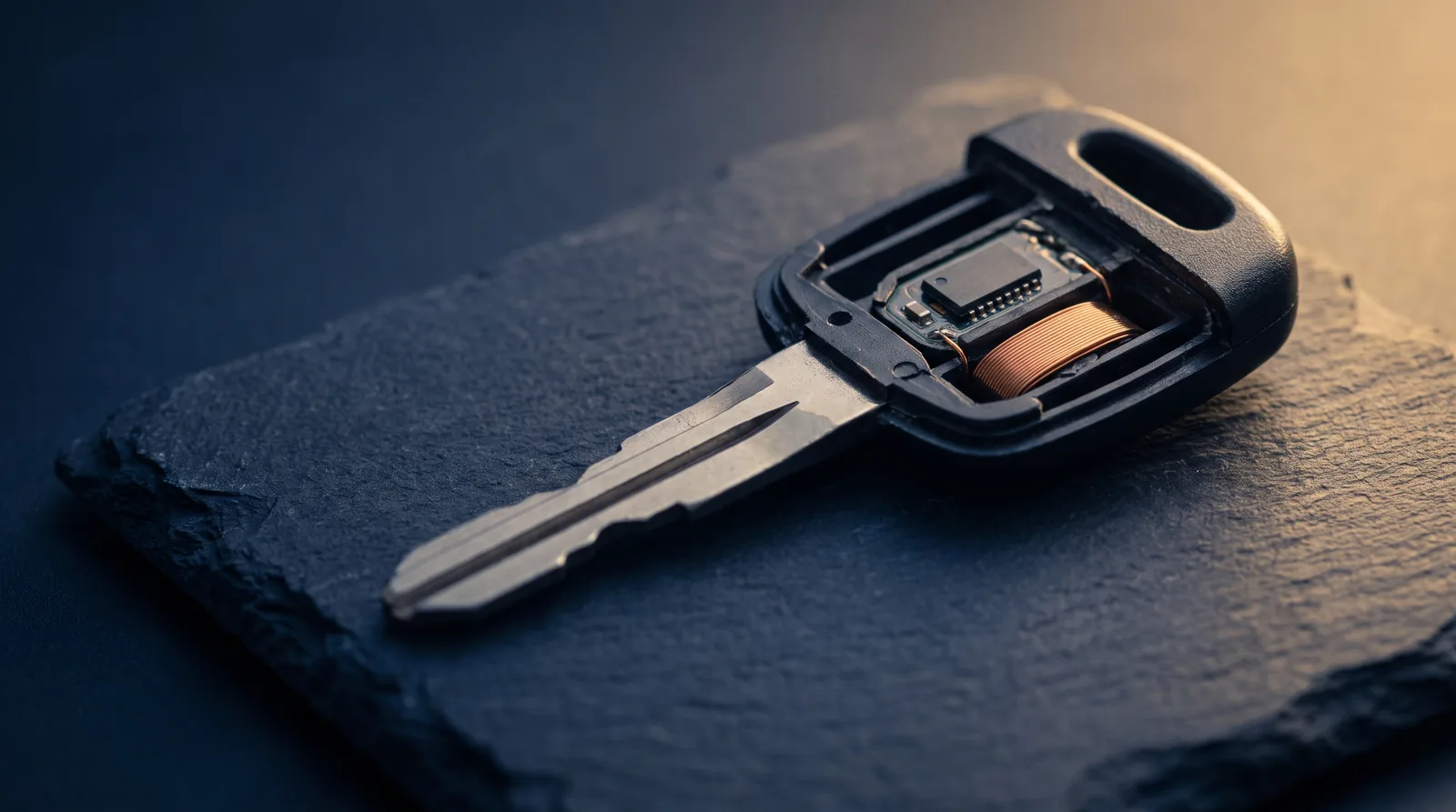Macro of a car key opened to reveal the transponder chip and coil