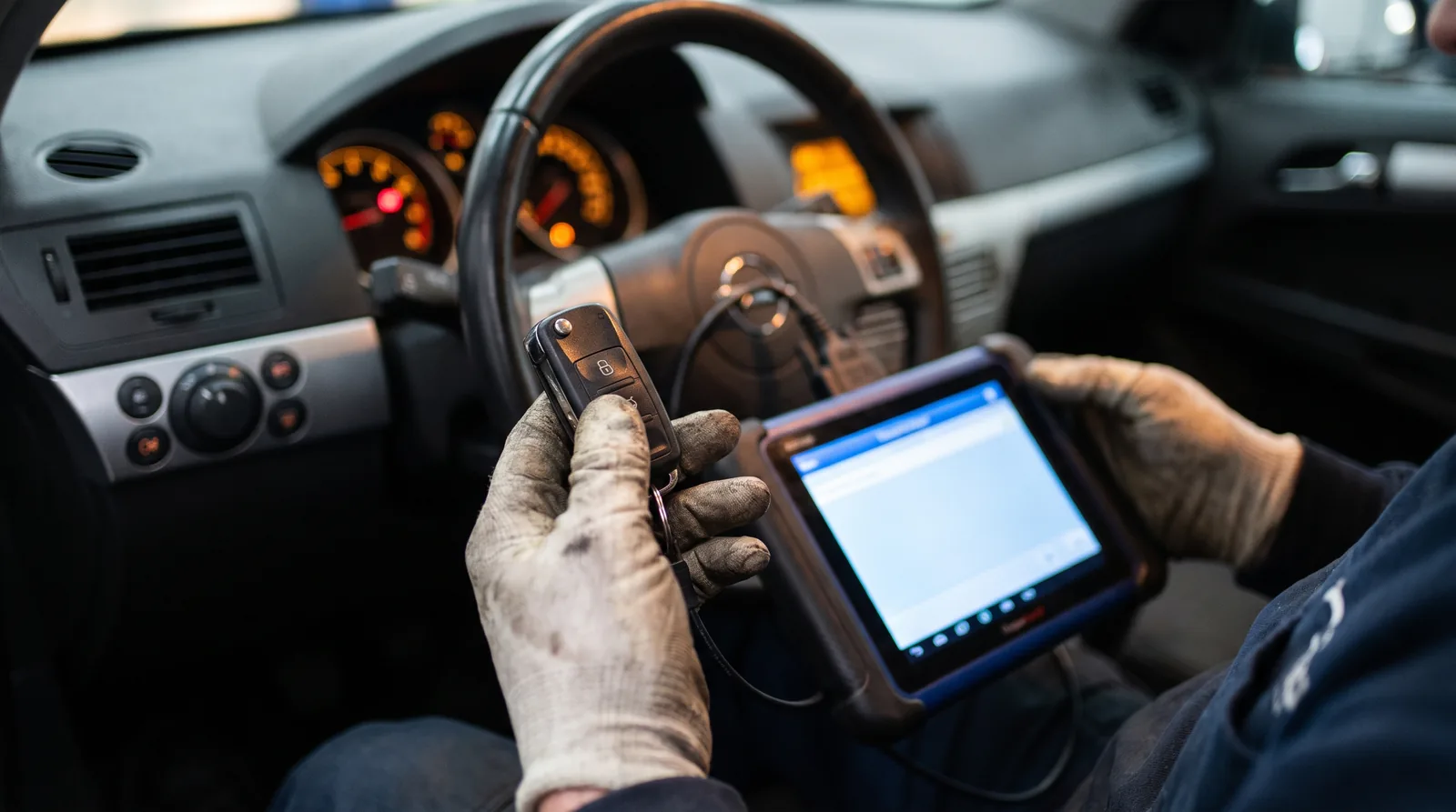 A technician programming a key fob with an OBD diagnostic tool