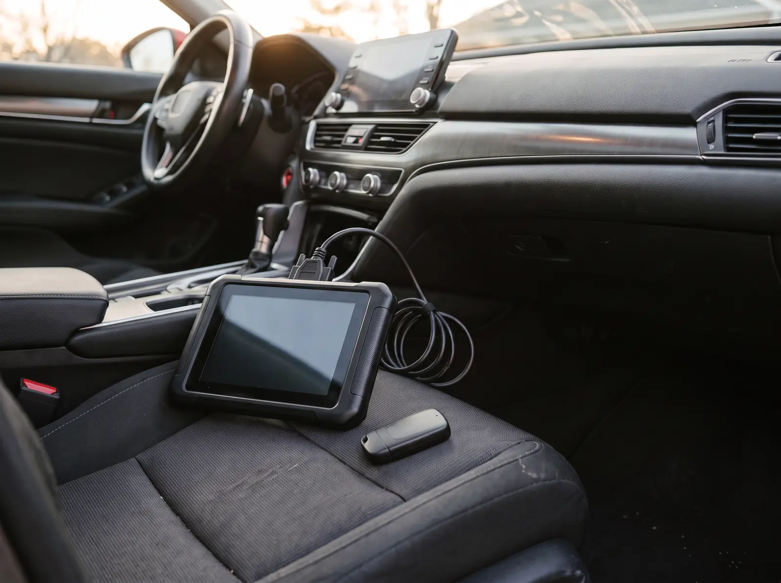 OBD key programmer connected at the port inside a vehicle, new aftermarket fob on the seat