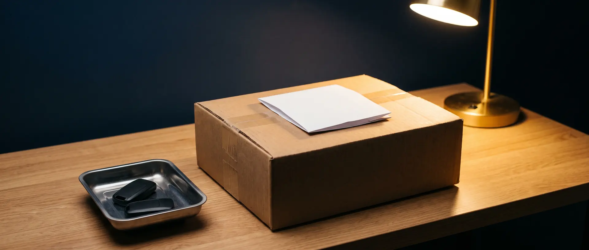 A sealed wholesale carton with packing slip on the dispatch counter, two aftermarket smart keys in a parts tray beside it